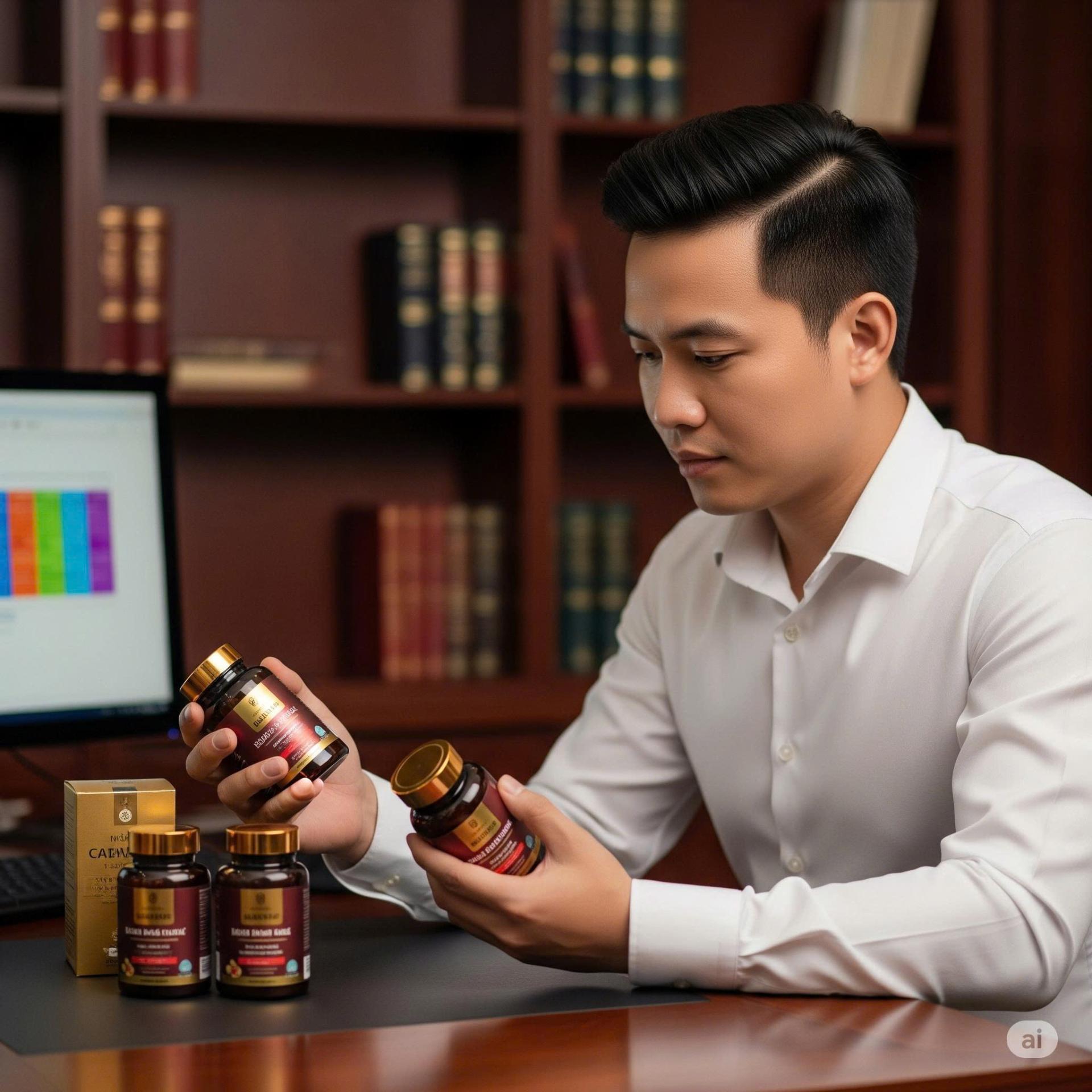 Một người đàn ông đang xem xét các loại thực phẩm chức năng tăng cường sinh lý nam, thể hiện sự lựa chọn dựa trên thông tin khoa học và uy tín.